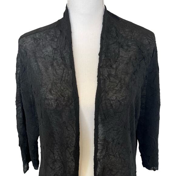 Eileen Fisher Cardigan Size Medium Black Textured Long Semi-Sheer Elbow Sleeve - Picture 2 of 9